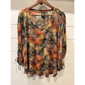 Pure Essence Urbanology Womens XL V-Neck Abstract Print Ruched Sleeve Top Canada